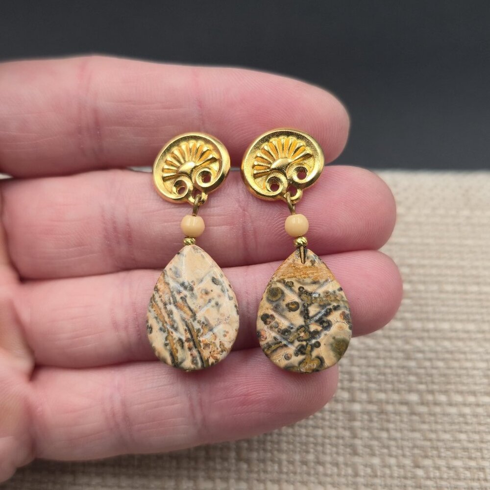 Gold Plated Over Copper Leopard Skin Jasper Stone Earrings A6139